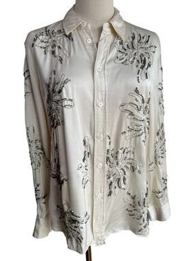 Zara Satin Beaded Button Up Blouse Womens S Cream Ivory Cocktail Party Event EUC